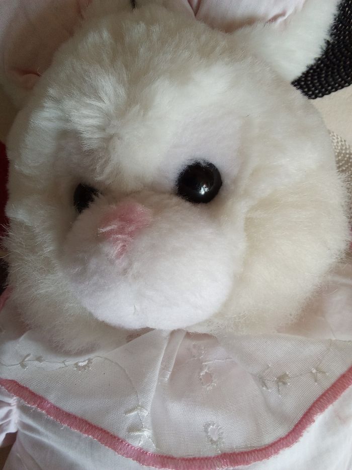 Peluche doudou lapin rose et blanc vintage ancien  bicolore rayure rayé en posture debout col dentelle blanc yeux durs en plastique pupille noir contour transparent  gris  foncé  tâches roses en photos  sinon très propre  modèle pas récent les jouets qui  - photo numéro 10