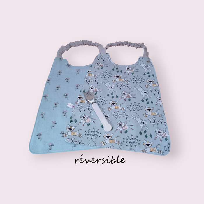 Serviette de cantine élastique réversible enfant, bavoir maternelle, modèle chats