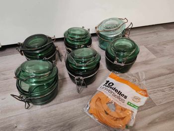 6 Bocaux/pots marque L'ideal  vert émeraude contenance 350ML + 10 Rondelles universelles Le parfait