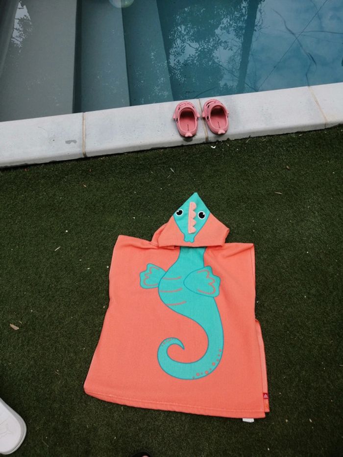 Poncho de bain enfant Funky motif hippocampe bleu et orange 50xH80cm - photo numéro 3