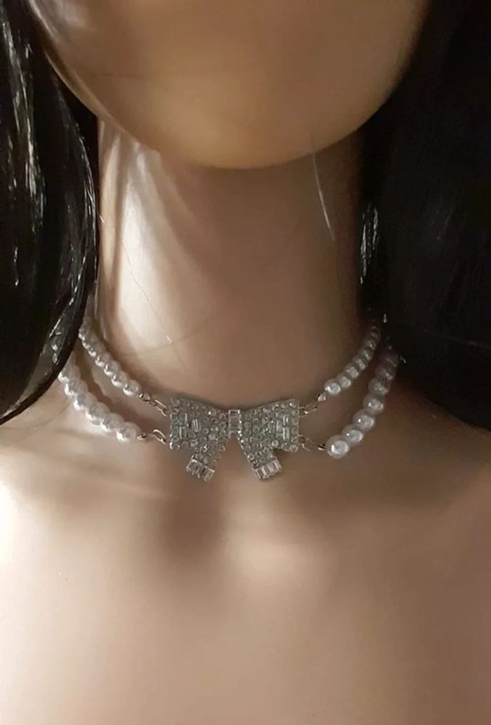 Collier de perles, 2 rangées avec noeud incrusté de strass - photo numéro 3