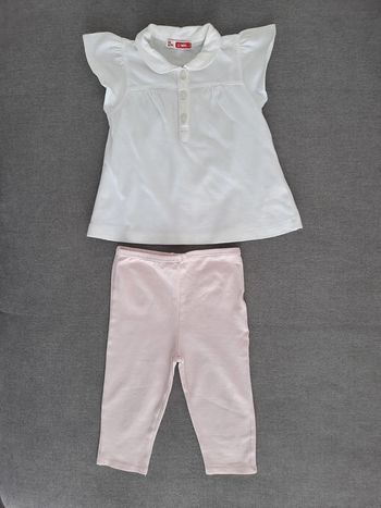 Ensemble 2 pièces Du Pareil au Même 12 mois : polo blanc à manches volantées et legging rose clair