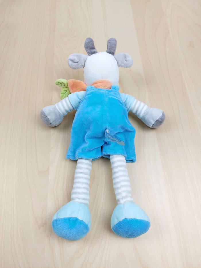 Peluche doudou BEBE REVE CASINO vache salopette bleue rayures écharpe 35 cm TBE - photo numéro 2