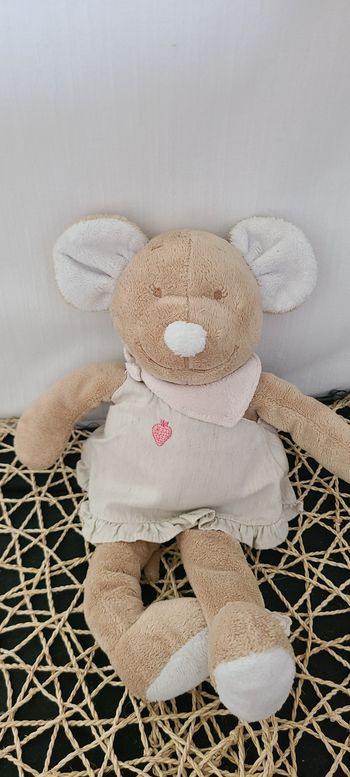 Doudou souris beige robe gris foulard rose NOUKIE'S