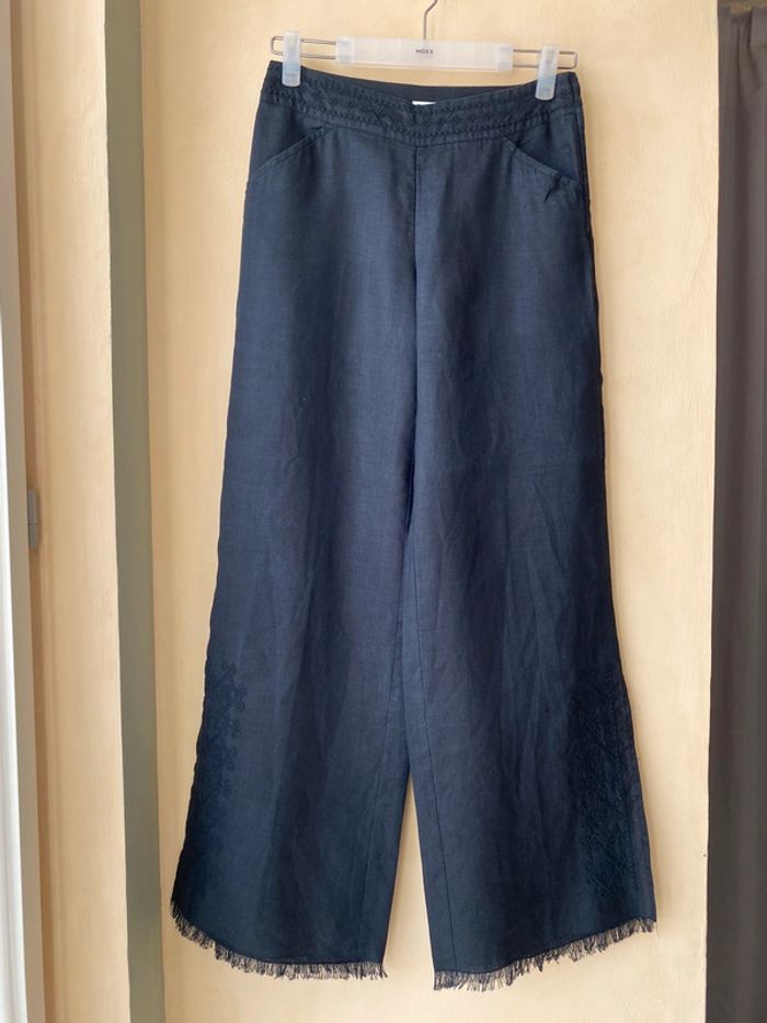 Pantalon fluide en lin noir brodé Motivi vintage