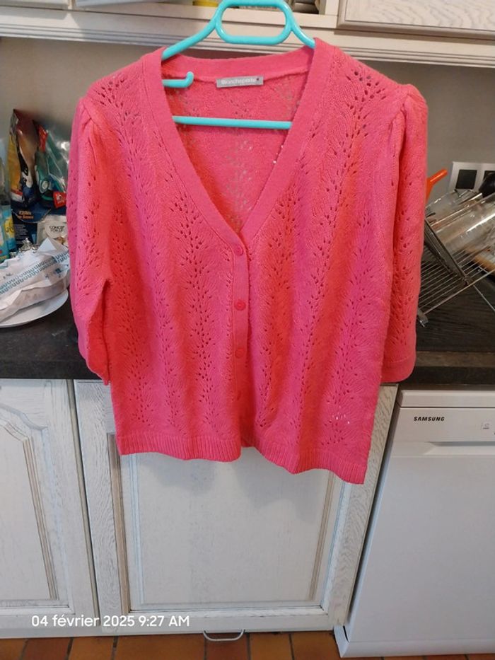 Gilet col V, maille ajourée - taille 46/48 - Blancheporte - couleur rose - photo numéro 2
