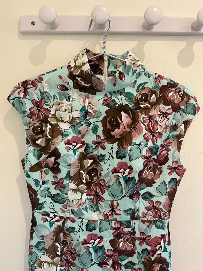 Robe longue fleurie bleu clair / turquoise vintage sixdo taille L - photo numéro 5