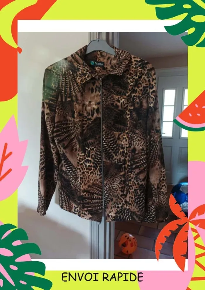 Veste blazer, motif léopard, plume ect taille L