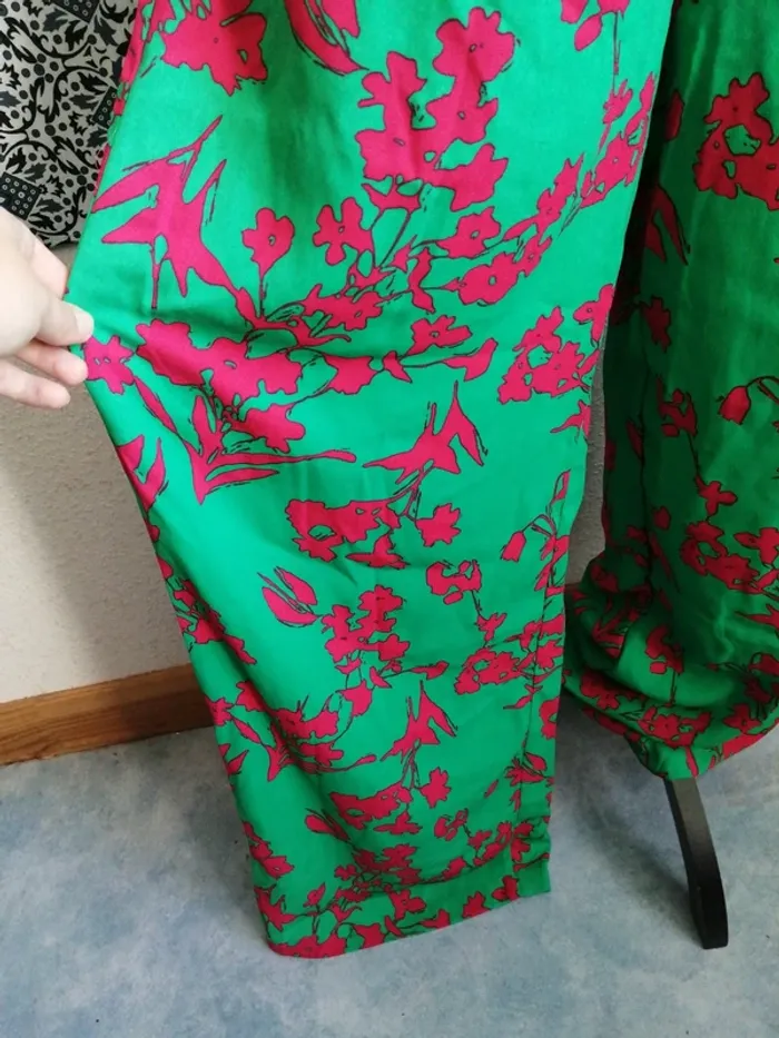 Pantalon large fluide vert motifs fleurs fushia avec ceinture / manoukian / (40) - photo numéro 3