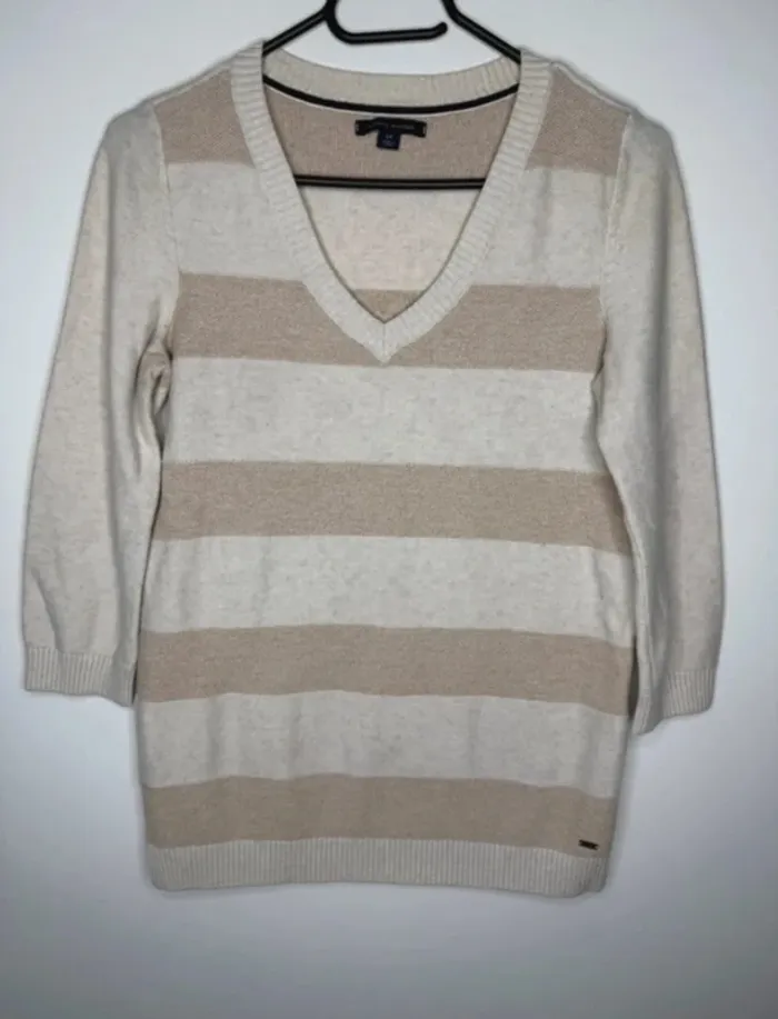 🍂 Magnifique pull Col V Tommy Hilfiger / Marinière beige - T/S 🍂 - photo numéro 2