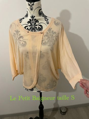Pull fin manche 3/4 chauve souris ouvert devant abricot corail neuf le petit baigneur taille S