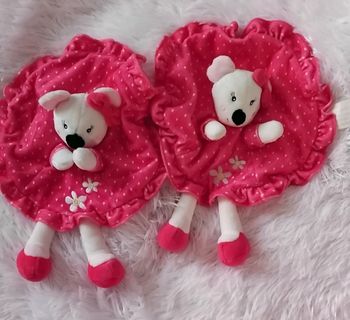 Lot de 2 doudous rond plat souris rose fushia et a pois blanc - fleurs - Pat & Ripaton