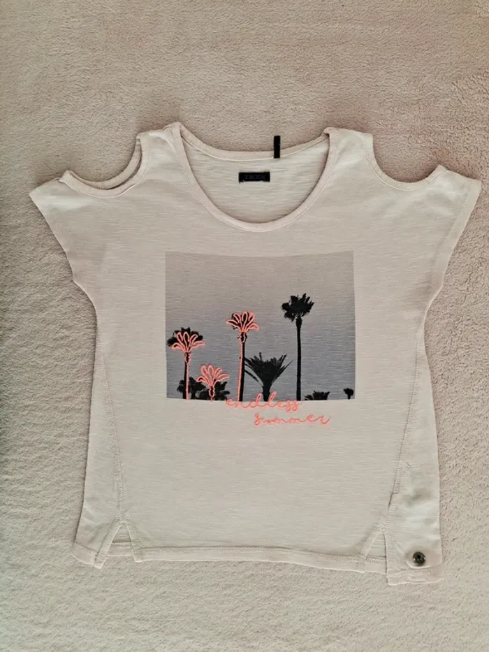T-shirt IKKS 8 ans rose clair épaules dénudées motifs palmiers noir et rose fluo