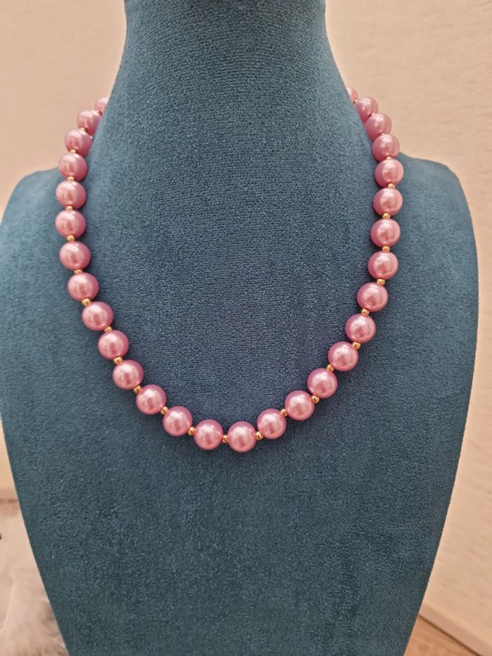 Parure Collier Bracelet De Perles Rose Lila Doré - photo numéro 4