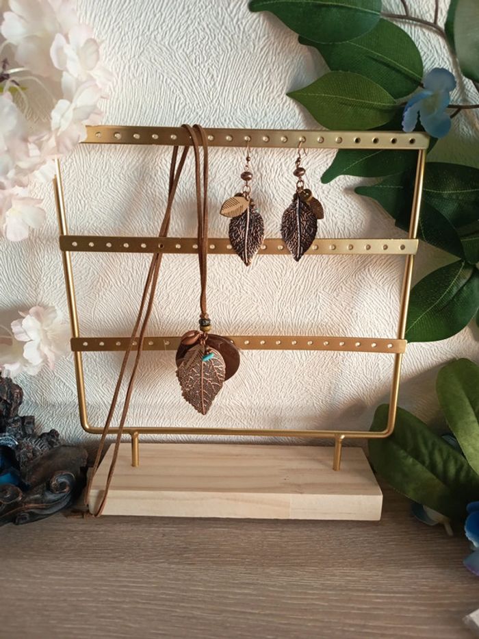 Parure collier + boucles d’oreilles – Style bohème feuilles