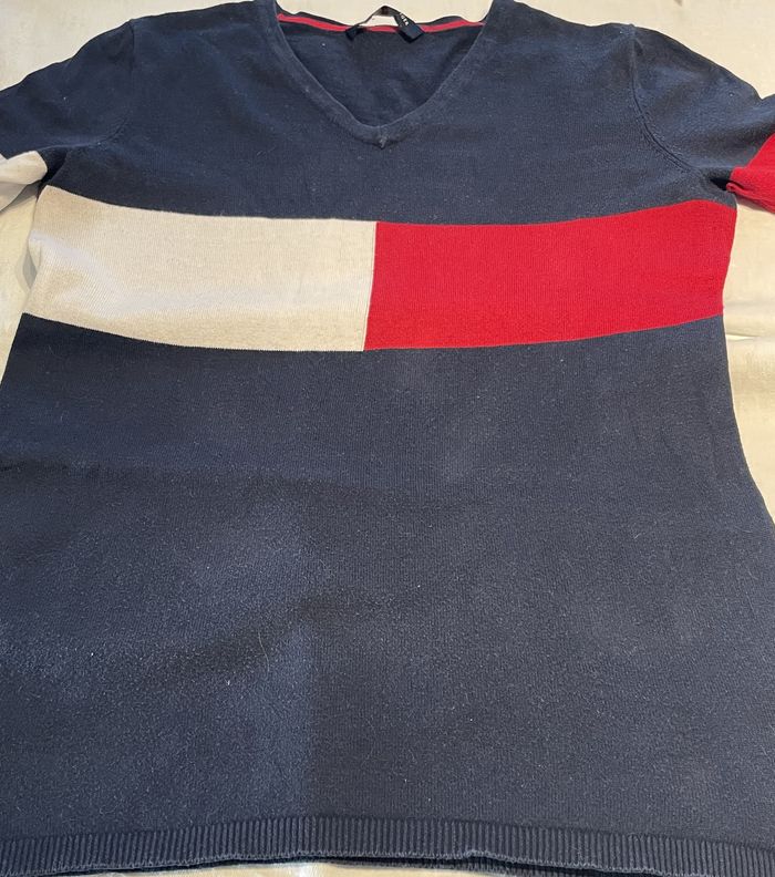 Pull col en V Bleu Rouge Blanc Homme Tommy Hilfiger Taille S/M