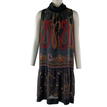 Robe Marron motif cashemire en voile avec doublure col roulé - Robe sans manches Taille M A1117