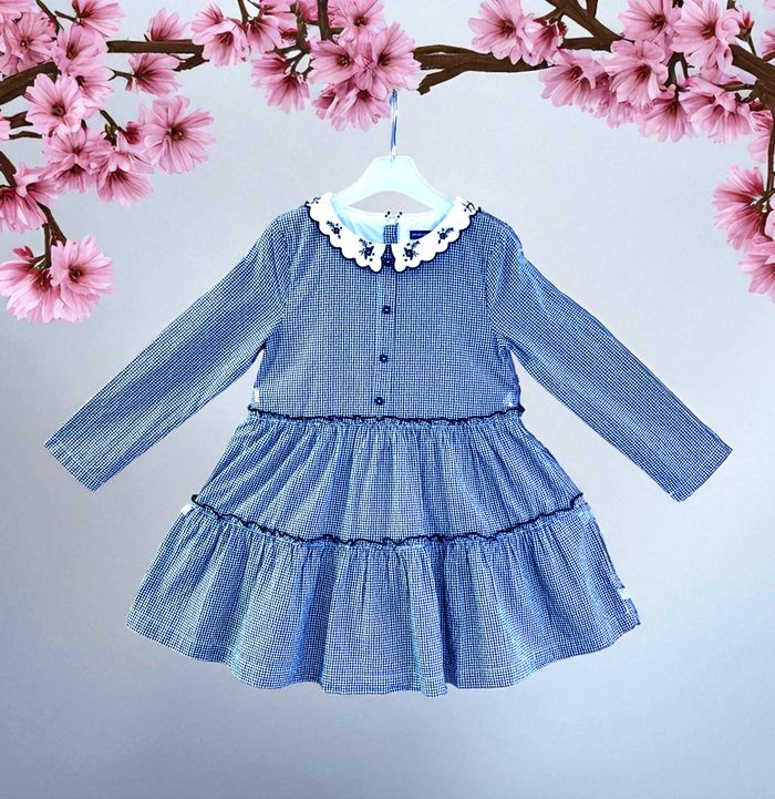 SERGENT MAJOR - ROBE FILLE CARREAUX VICHY, VOLANTS & COL BRODÉ DÉCOUPE VAGUES 7A - photo numéro 2