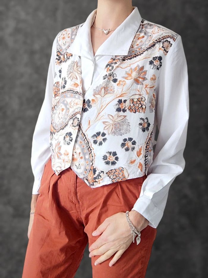 Chemise blanc veston gris orange fleur Paisley 2 en 1 Vintage / C&A New Fast - 38/M à 40L - photo numéro 3