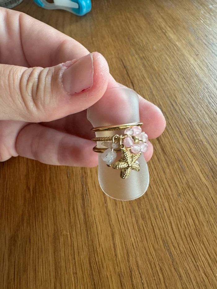 Magnifique bague triple rang avec breloques pierre nacré rose fleurs ajustable en acier inoxydable - photo numéro 2