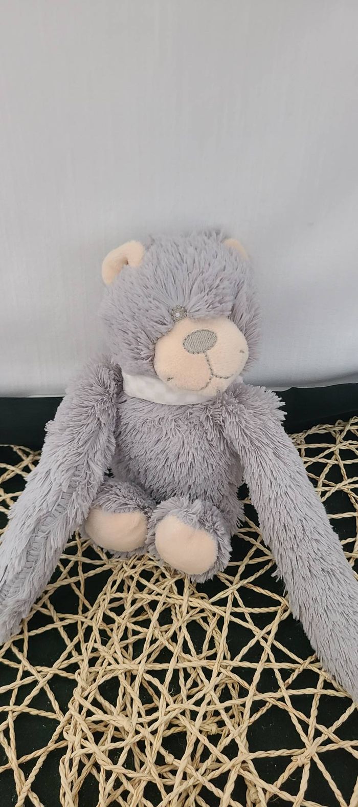 Doudou peluche ours gris beige foulard grand bras Oscar J-LINE - photo numéro 4