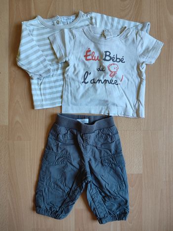 Lot tenue pantalon + t-shirts manches courtes et longues Petit Kimbaloo en 1M
