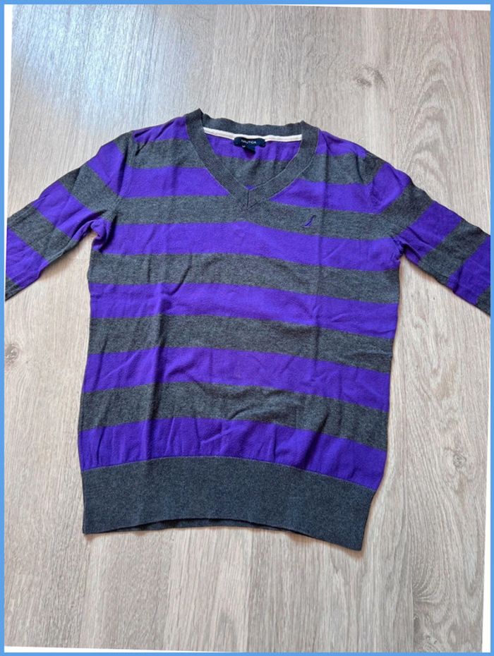 Pull femme fin col V Nautica avec logo brodé Violet et Gris Taille S - photo numéro 7
