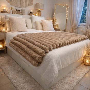 Plaid doux effet côtelé velours XXL beige marronné 150 x 200 cm neuf