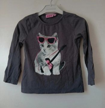 Haut manches longues gris - Petit chat rock & lunettes roses - 4 ans