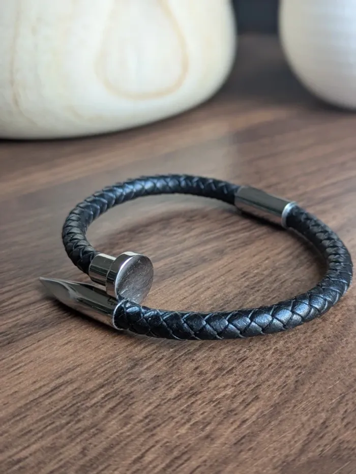 Bracelet magnétique cuir noir clou idée cadeau fêtes des pères - photo numéro 3
