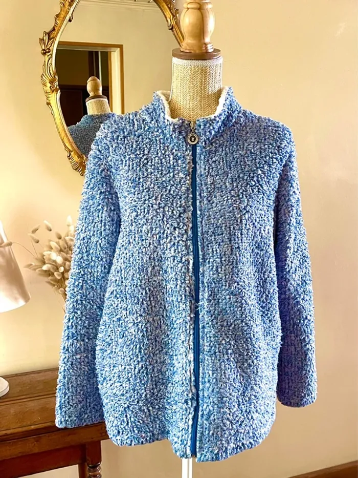 sublime veste teddy bouclette zippée bleu col montant poches cosy confort doux neuf taille M - photo numéro 2