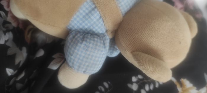 Doudou Ours Priscilla larsen peluche bleu marron vichy carreaux grelot noeud papillon ancien - photo numéro 4