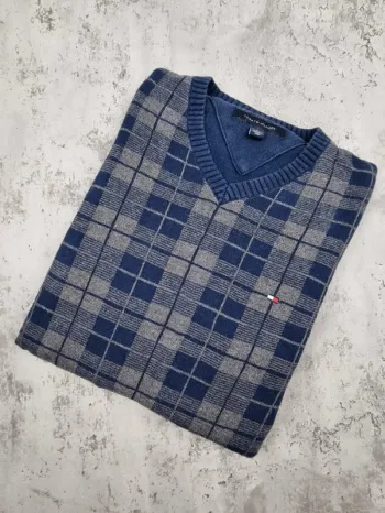 Pull col V Tommy Hilfiger bleu/gris, M Hommes