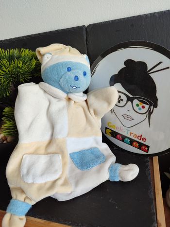 Doudou ours musti marionnette bleu jaune blanc mustela poche bonnet nuit Ancien