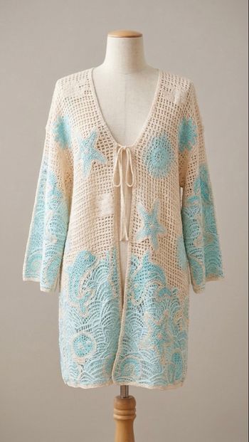 Style Bohème - Gilet long / Kimono en crochet - Taille Unique - Écru & Bleu lagon - Neuf