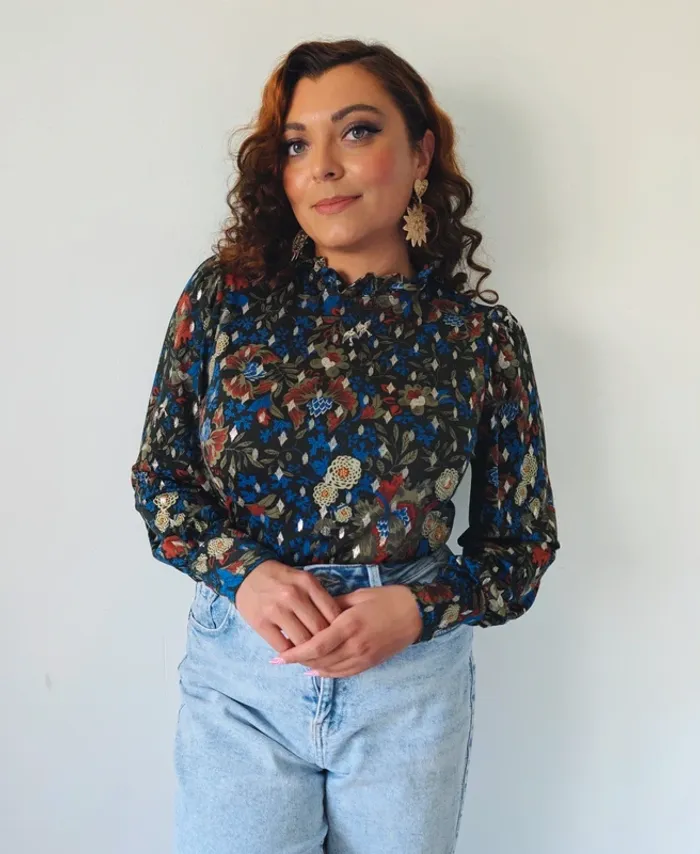 Blouse à manches longues col montant automne casual chic bleu kaki doré cache-cache taille 38 - photo numéro 3