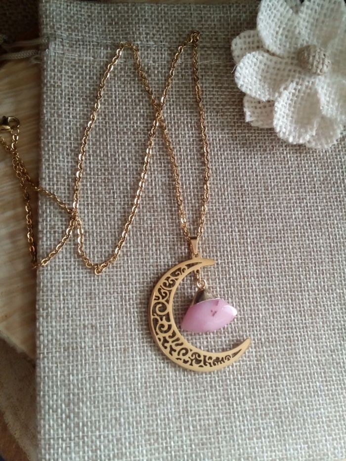 Collier lune filigranée et pierre quartz rose - photo numéro 4