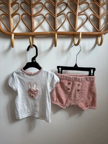 Ensemble été short éponge + t-shirt lapin rose 3 mois