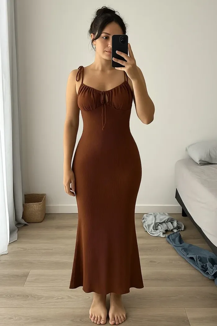 Robe longue marron café 🤎 dos nu & bretelles réglables | style été chic & tendance 2025