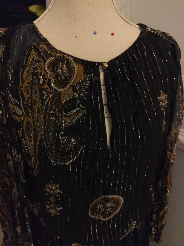 Robe soie Mango noir et doré S manches longues longueur midi ample - photo numéro 7