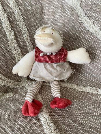 Peluche doudou 37cm moulin roty canard blanc beige et rouge rayé très bon état