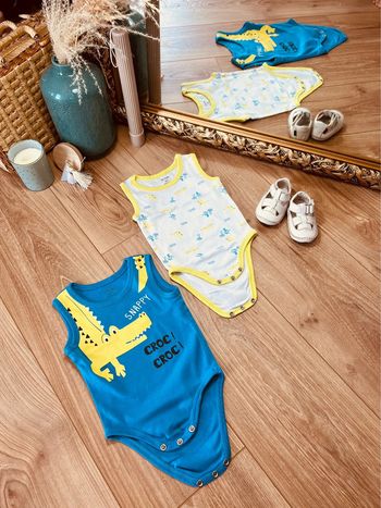 Taille 6 mois lot de 2 bodies sans manches garçon Kiabi blanc bleu vert * crocodile * 💙