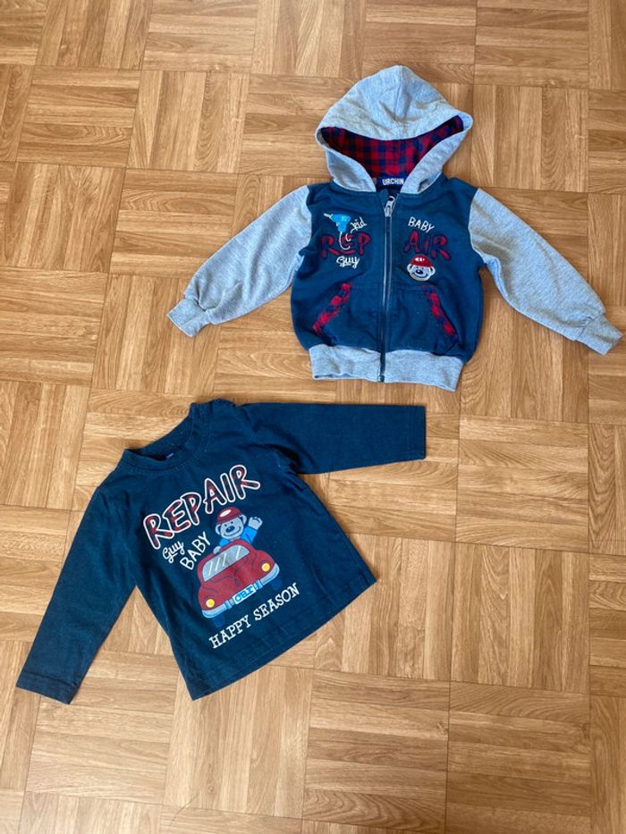 Sweat à capuche et zip + t-shirt manches longues bleu et gris taille 12/18 mois vintage Urchin