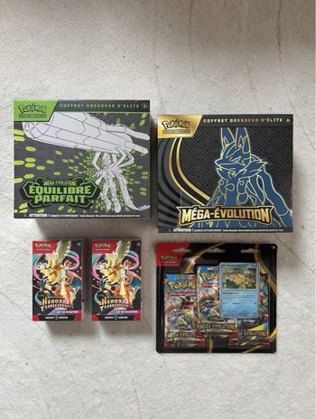 Lot de booster Pokémon 1 ME1 ETB + 1 ETB ME3 + Tripack ME1 + 2 Bundle Hero Transcandant ME2.5