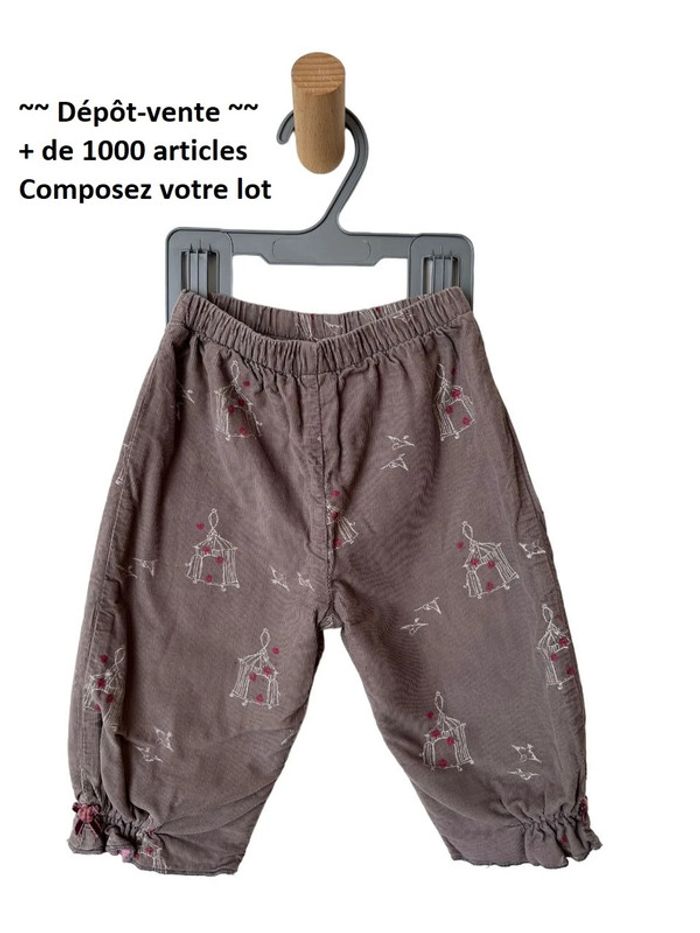 Pantalon taupe en velours côtelé (oiseaux, cages) - fille 6 mois (67-68cm) - photo numéro 2