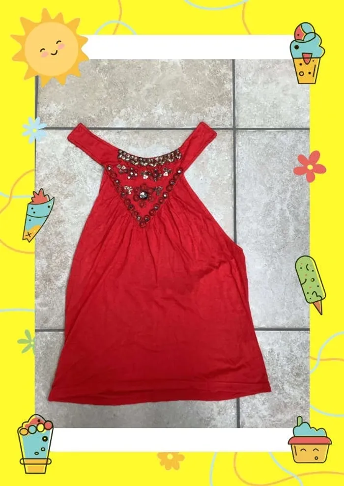 Top dos nu a basques rouge décoré 38