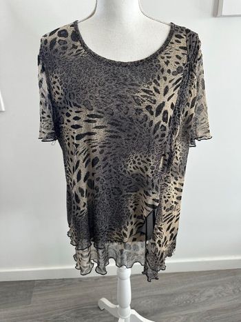 Blouse top en mesh leopard beige crème et noir pailleté Y2K T44/46 2XL/3XL
