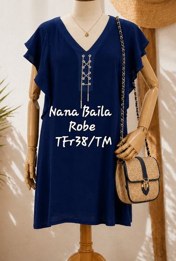 Nana Baila Robe TFr38/TM-Marine-Epaule Volantée &Coupe Droite & Décolleté Laçage Doré en TBE