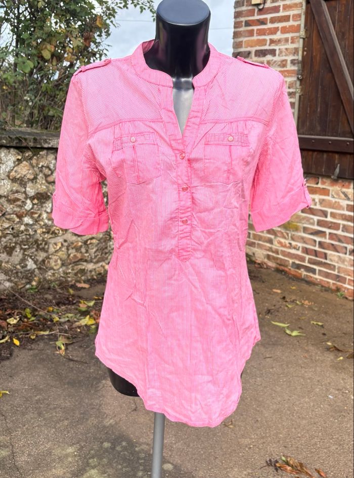 Blouse blanche et rose à rayures – Camaïeu – Taille 40
