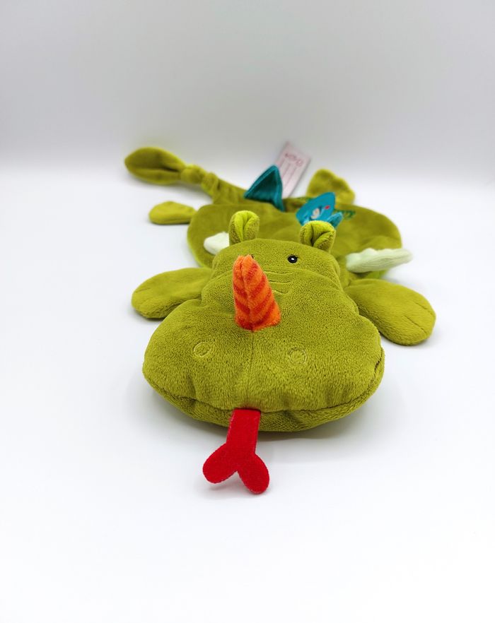 Doudou plat dragon vert Lilliputiens marionnette 40 cm attache tétine - photo numéro 2